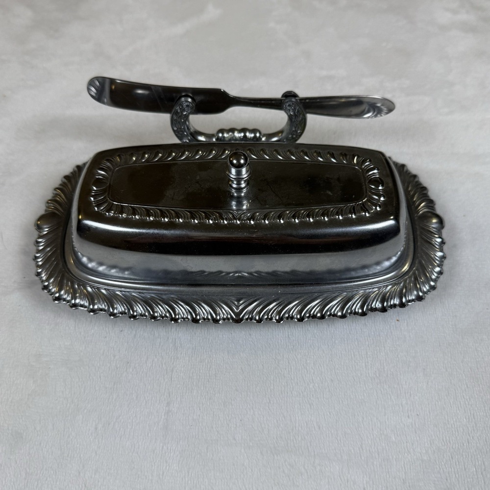 Vintage Irvinware USA Chrome Butter Dish Glass Insert Lid Knife Spreader